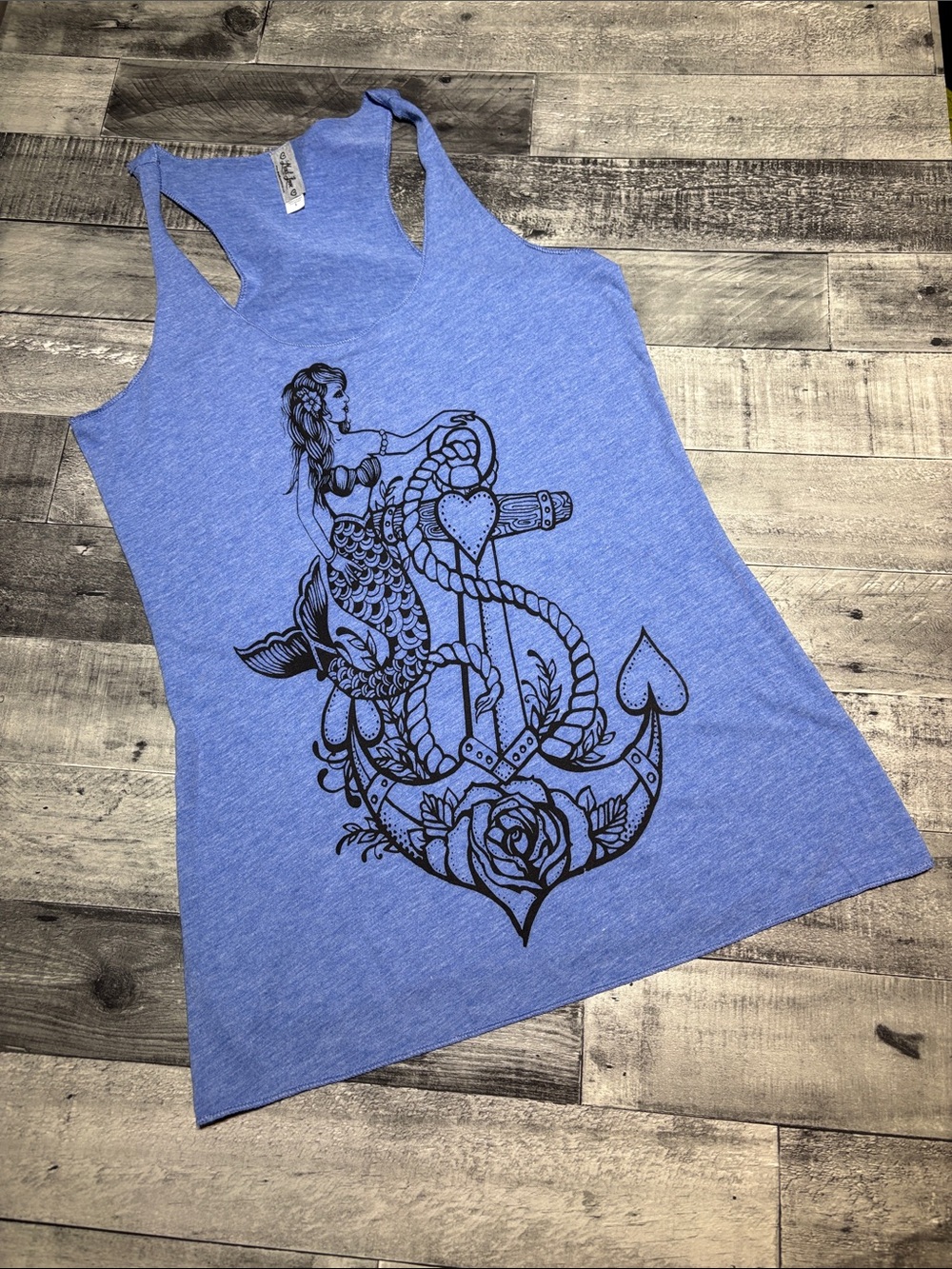 Mad Love Heather Blue Racerback Tank with Black Mermaid Anchor Print
